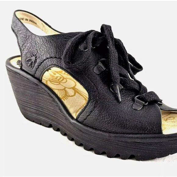 Fly London Ylva High Heel Wedges Wedged Sandals Open Toe Leather Black Size 39 8 - Picture 11 of 12